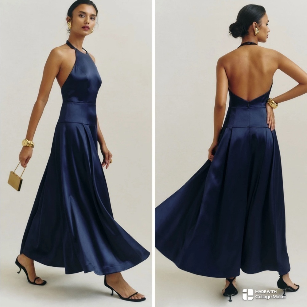 NEW Reformation lilyann satin dress gown in navy - Picture 2 of 7